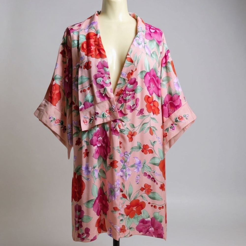 Vintage VS Embroidered Floral Satin Chiffon Sheer Stripe Kimono